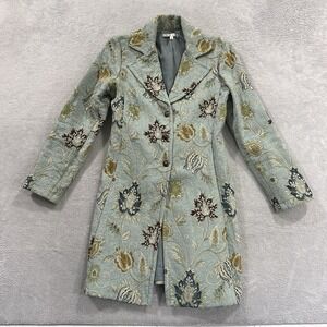 Cabi Long Coat Jacket 8 Aqua Guinevre Tapestry Brocade Jacquard Floral Victorian